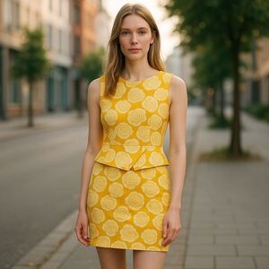 Antonio Melani Designer yellow/cream Roses Peplum Sheath Cocktail Dress size 2